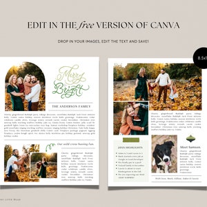 Puede incluir: Una plantilla de tarjeta de Navidad con un t&iacute;tulo "Merry Bright" en verde y dorado. La tarjeta presenta una foto de familia con un arco verde y dorado, una foto de un perro y una foto de una familia en un entorno oto&ntilde;al. El texto de la tarjeta incluye "The Anderson Family", "Our wild crew having fun", "20XX Highlights" y "Meet Samson".