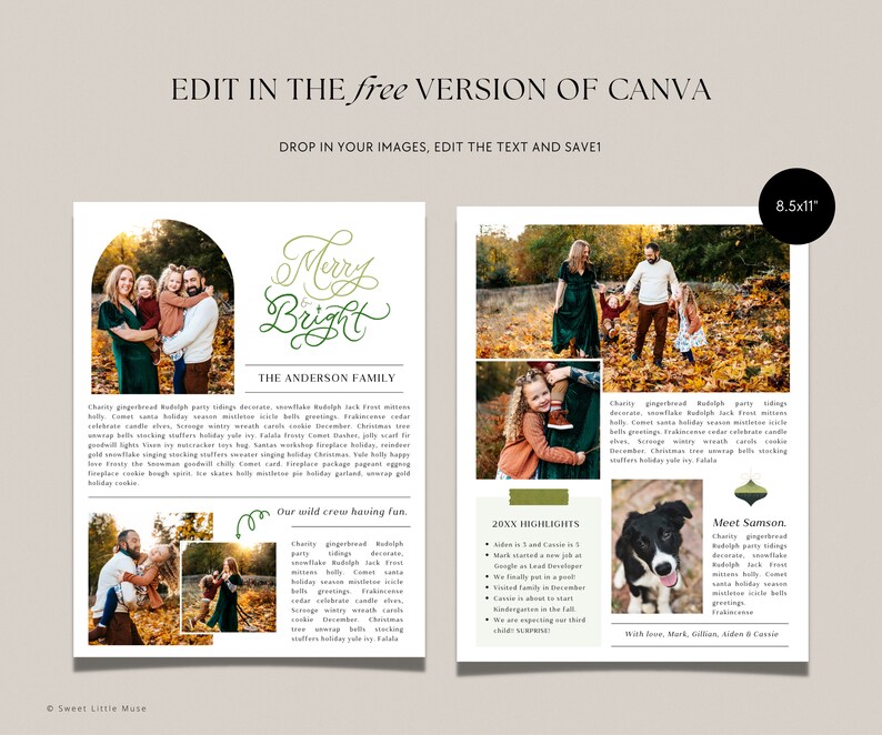 Puede incluir: Una plantilla de tarjeta de Navidad con un t&iacute;tulo "Merry Bright" en verde y dorado. La tarjeta presenta una foto de familia con un arco verde y dorado, una foto de un perro y una foto de una familia en un entorno oto&ntilde;al. El texto de la tarjeta incluye "The Anderson Family", "Our wild crew having fun", "20XX Highlights" y "Meet Samson".