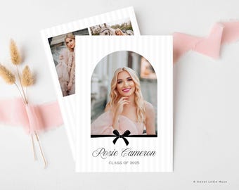 Preppy Grad Party Invite Template: Black Bow, Photo Card (Canva Digital Download)