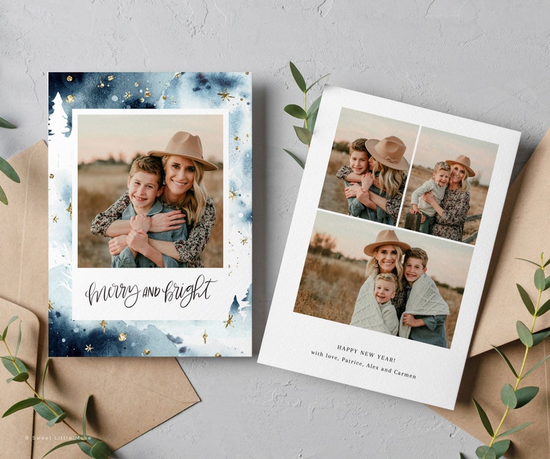 printable modern christmas card template, canva christmas card with photos, editable holiday cards, merry and bright christmas card template