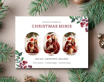 May include: A white flyer with red text that says "Christmas Minis" and has three photos of families in red and black pajamas with a dog. The flyer also says "NOW BOOKING NOVEMBER 12-30" and "ONLY $250 - LIMITED SPOTS - BOOK NOW!" and "15 min session - 5 edited images - Christmas Setup".