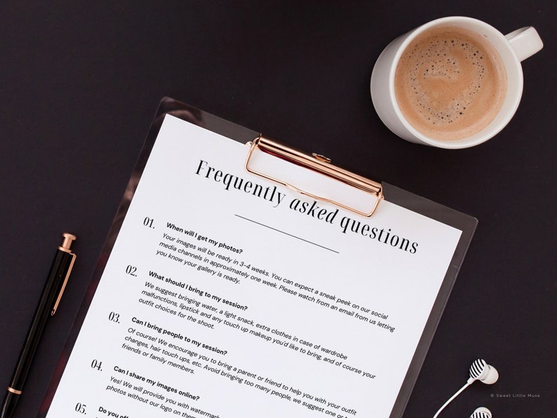 May include: A clipboard with a white sheet of paper with the text "Frequently asked questions" and a list of questions and answers. The clipboard is on a black surface with a cup of coffee and a pen.