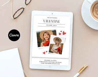 May include: A white tablet with a graphic design for Valentine's Day mini photo sessions. The graphic features a white background with red hearts, black text, and two photos of women in a field of red flowers. The text reads "Your Studio Photography Valentine Mini Sessions - Jan 5-13 Now Booking! Limited Spots 30 Minute Sessions | Edited Images | Print Release To Book: Youremail.com | 1556-103-3243"