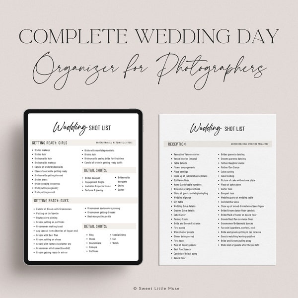 Wedding Photographer Timeline template for Canva - Wedding Shot List Template - Wedding Photography Organizer - Wedding Day Photo Shot List