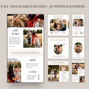 May include: A digital marketing flyer for a fall mini photo session bundle for photographers. The flyer features a variety of images of families in a field, along with text that includes details about the session, such as the location, date, cost, and what is included. The flyer also includes a call to action to book a session.