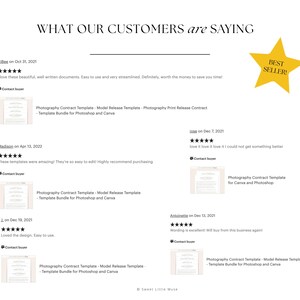 May include: Five customer reviews with five stars each for a photography contract template bundle for Photoshop and Canva. The reviews highlight the ease of use and high quality of the templates. The text "BEST SELLER!" is displayed in a yellow star.