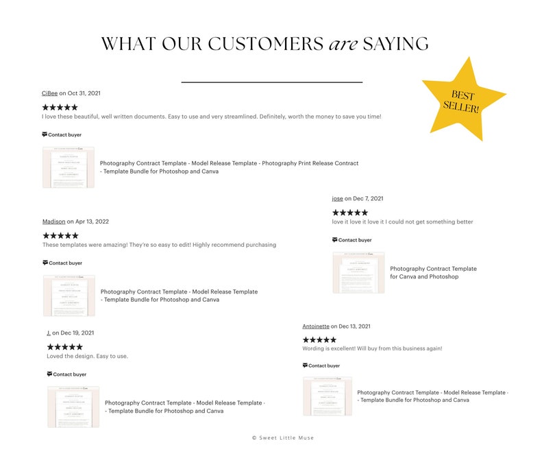 May include: Five customer reviews with five stars each for a photography contract template bundle for Photoshop and Canva. The reviews highlight the ease of use and high quality of the templates. The text "BEST SELLER!" is displayed in a yellow star.