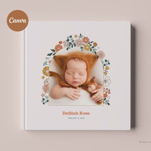 Square Baby Photo Book Template for Canva - Editable Boho Baby Album Template - Editable Baby Book with Photos, baby book template for canva
