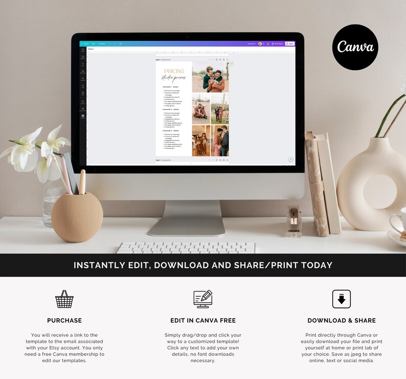 May include: A computer monitor displays a pricing template with photos. The text reads "PRICING studio poses" and "INSTANTLY EDIT, DOWNLOAD AND SHARE/PRINT TODAY." Below are icons for purchase, editing in Canva, and downloading and sharing.