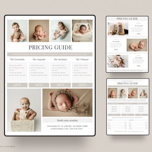 May include: Pricing guide for newborn photography packages. The packages are called "The Essentials", "The Upgrade", "The Inclusive", and "The Ultimate". Each package includes a different number of hours of shooting time, studio setups, edited images, and online image galleries. The prices are £275, £475, £675, and £975 respectively.