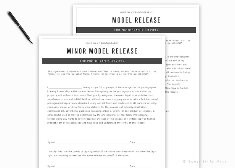 Model Release Form For Photographers Minor Model Release Etsy