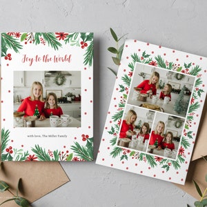 Red and green watercolor christmascard with four photos, family photo card template, sweet little muse, canva christmas card template printable