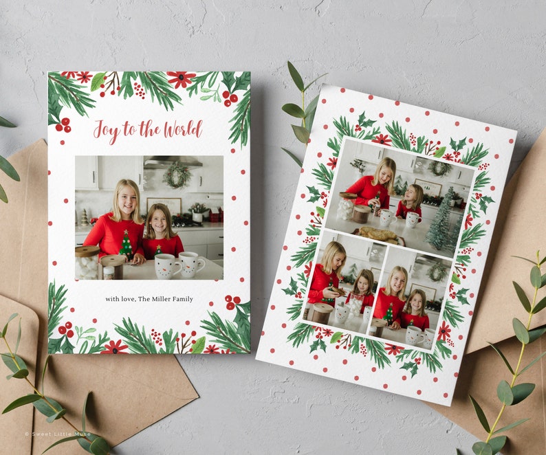 Red and green watercolor christmascard with four photos, family photo card template, sweet little muse, canva christmas card template printable