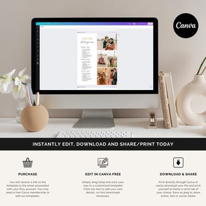 Puede incluir: Una pantalla de ordenador que muestra un documento de Canva con el t&iacute;tulo "PRICING studio posers". El documento incluye una lista de opciones de precios para los servicios de fotograf&iacute;a. El documento tambi&eacute;n incluye varias fotos de una pareja en un entorno des&eacute;rtico. Debajo de la pantalla, una superposici&oacute;n de texto dice "INSTANTLY EDIT, DOWNLOAD AND SHARE/PRINT TODAY". Hay tres iconos debajo del texto: un carrito de compras, un l&aacute;piz y una flecha de descarga. Cada icono tiene texto debajo que describe la acci&oacute;n asociada con el icono.