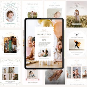 May include: A digital tablet shows promotional material for photography sessions. The ads include "Easter Mini Sessions," "Spring Minis," "Newborn Sessions," "Engagement Sessions," "Fall Minis," "Maternity Sessions," "Birthday Mini," "Halloween Sessions," and "Cake Smash."
