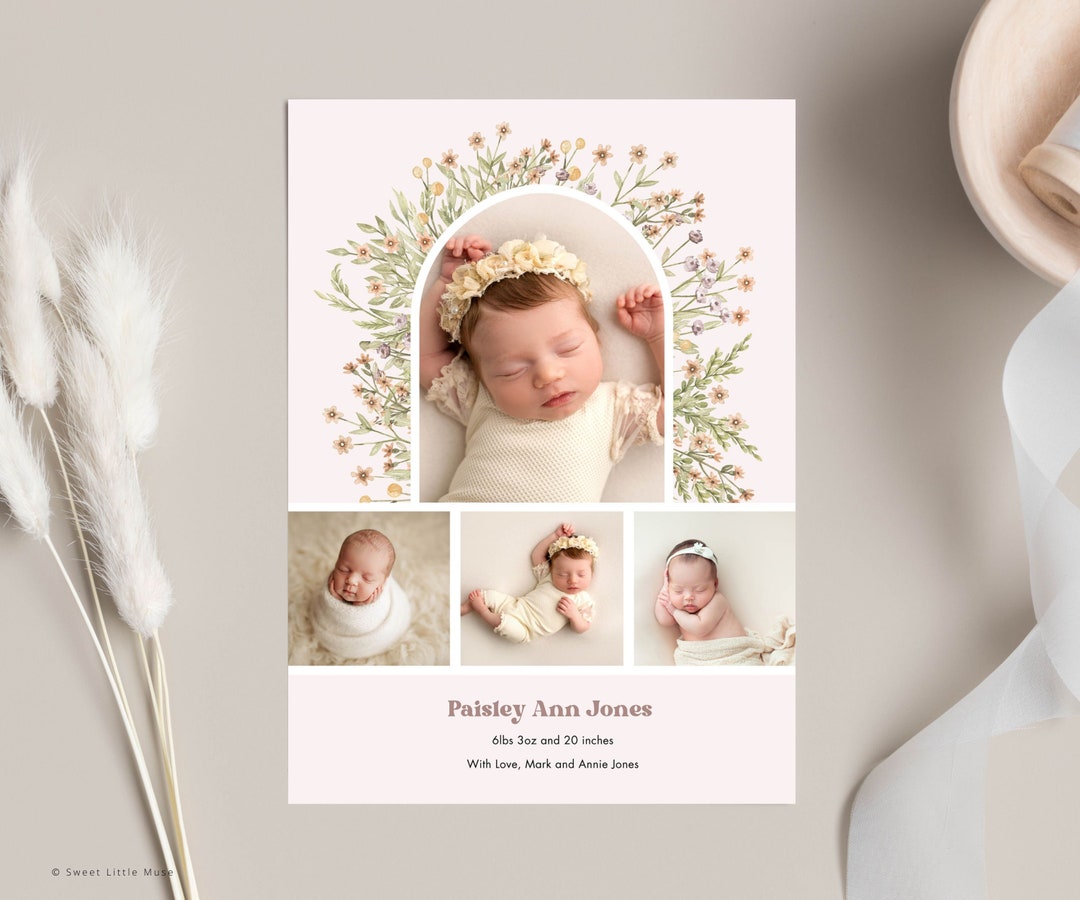 Girl Birth Announcement Template for Canva Flower Birth Announcement Printable Boho Girls Birth