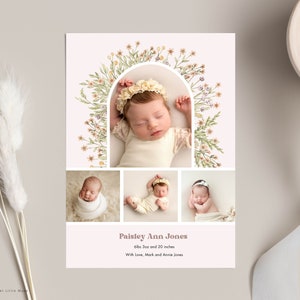 Plantilla de anuncio de nacimiento de niña para Canva - Anuncio de nacimiento de flores - Anuncio de nacimiento de niñas boho imprimible - Descarga instantánea