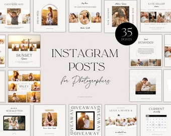 May include: A collection of 35 Instagram post templates for photographers. The templates feature a variety of designs, including a client love note, a sneak peek, a sunset photo, a giveaway announcement, and a calendar. The templates are designed to help photographers promote their business and connect with their clients.