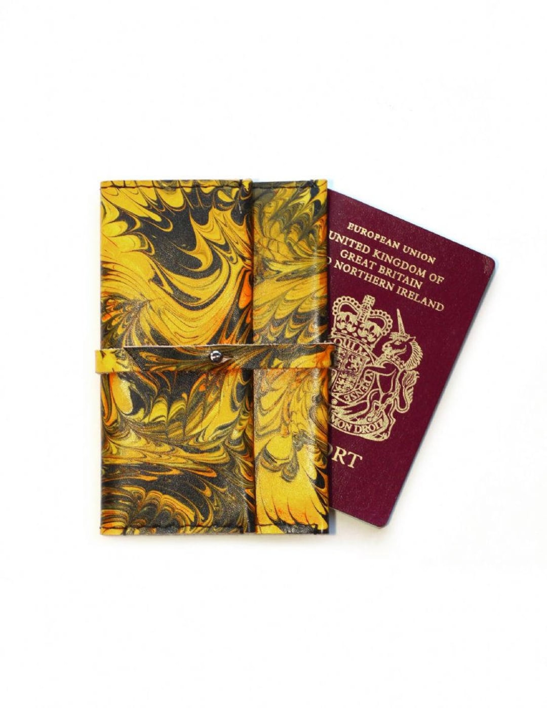 Yellow Passport Holder, Travel Notebook Cover, Black Yellow Marbled