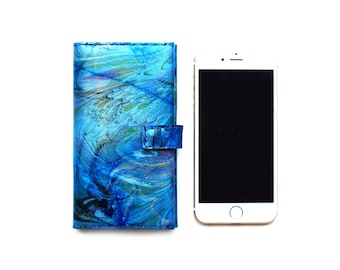 Leather iPhone 7 8 Case Cover, with card slots, Handmade Blue Marbled Painted Leather, One-of-a-kind iPhone case wallet, SALE!