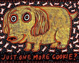 Dog Feeding Mat: "Just One More Cookie?" Art, Absorbent Neoprene (14 x 19")