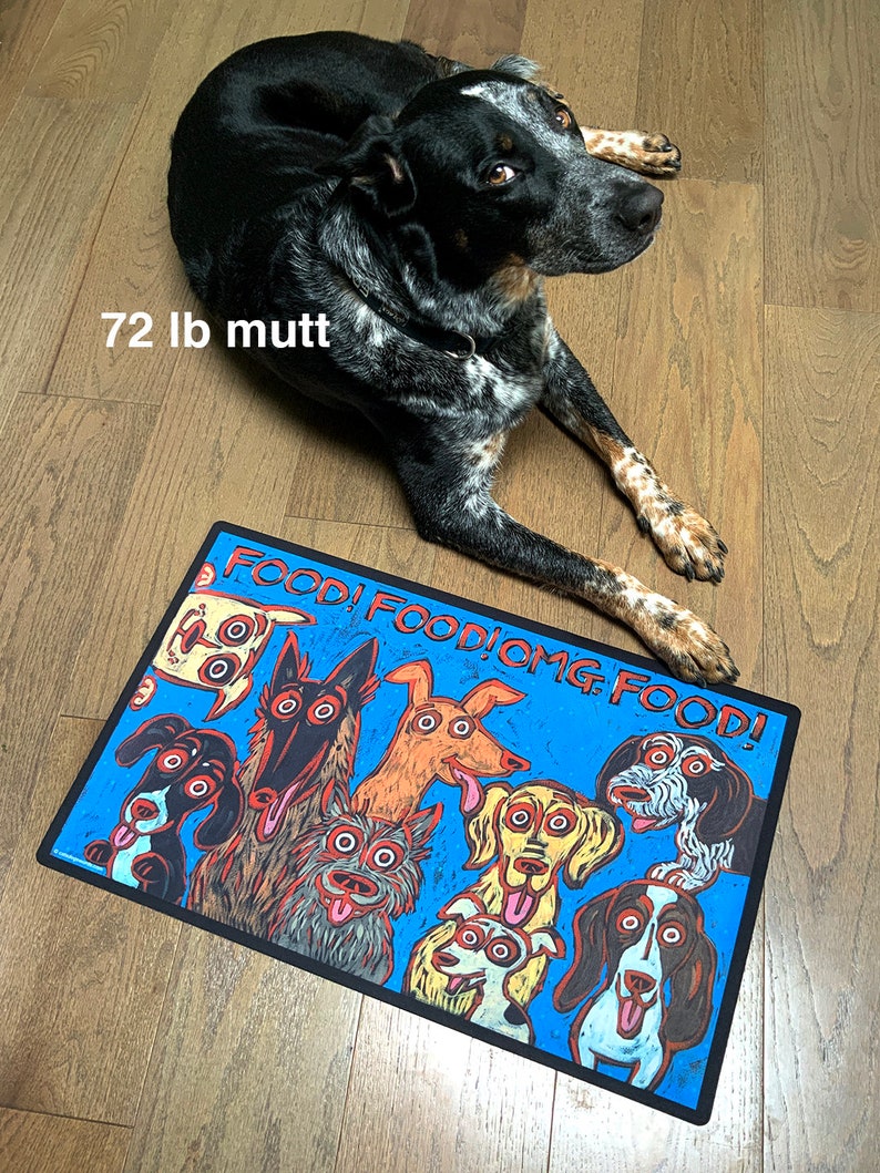 May include: A blue and black dog doormat with the text "Food! Food! OMG Food!" and a cartoon illustration of multiple dogs with their tongues sticking out.