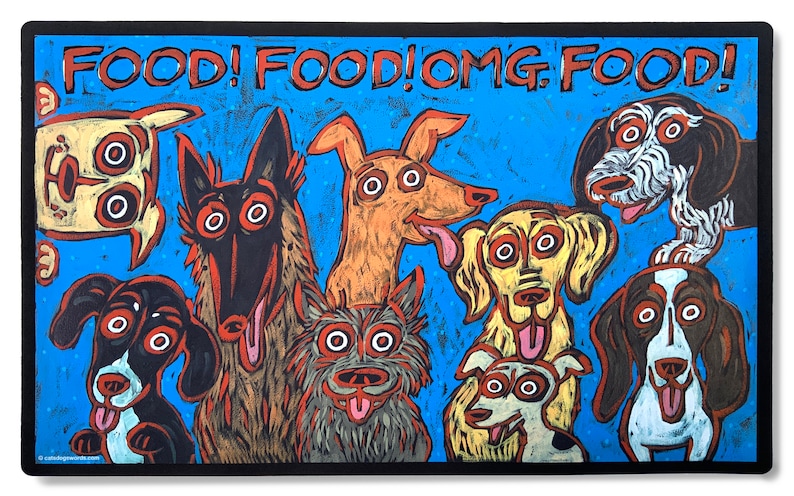 May include: A blue background with the text "FOOD! FOOD! OMG. FOOD!" in white. Eight cartoon dogs with various expressions and colors are arranged in a group.