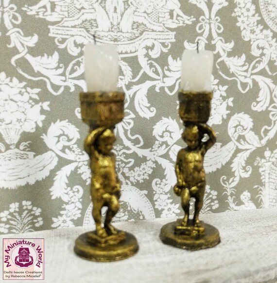 Dolls House Miniature Home Decor Candles Pair Of Gold Cherub Candlesticks 