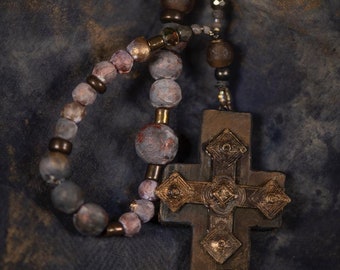 Crusader Wood Cross with Vintage Metal & Beaded Carcanet