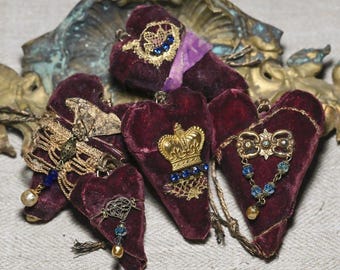 Noblesse - Hand Made Velvet Heart Ornaments with Decoration + Burgundy Christmas Decor + Embellished Heart Gift