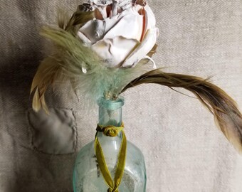 Unearthed Turquoise Glass Bottle: 19th C. French Ed Pinaud, Handmade Table Art