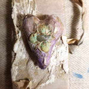 Fancy Hand Made Lavender Papier Mache Heart Ornament on Wood