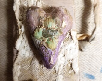 Fancy Hand Made Lavender Papier Mache Heart Ornament on Wood