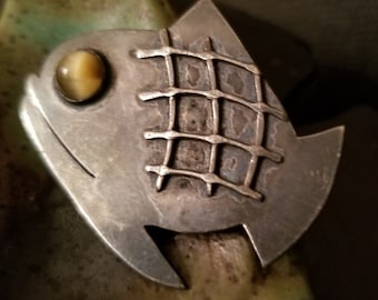 Vintage Handmade Fish Pin, Stone Eye, Minimalist Lapel Brooch