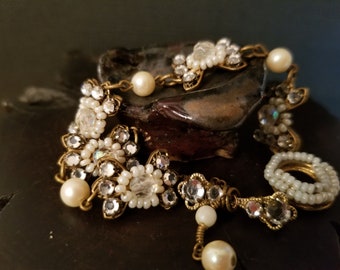 Antique Rhinestone & Pearl Bracelet, Filigree Brass