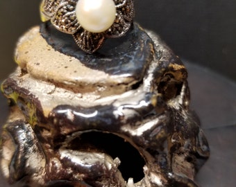 Vintage Sterling Marcasite Flower Ring with Pearl, Size 8