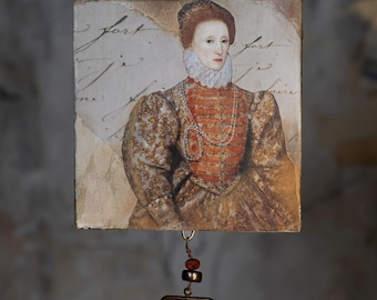 Queen Elizabeth Ornament, Reclaimed Wood, Antique Document Fragments