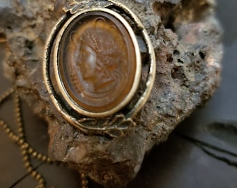 Extasia Glass Cameo Pendant, Amber Goddess Intaglio, Brass Necklace