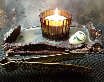 Handmade Bronzed Clay Altar Tray with Theban Stone & Tea Light