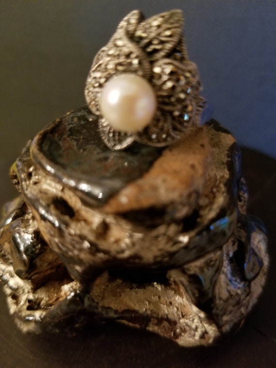 Vintage Sterling Marcasite and Pearl Ring + Marcas