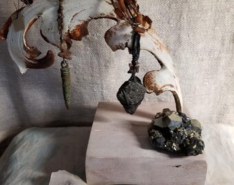 Salvaged Rusted Iron Scroll Jewelry Display, Reclaimed Wood Base