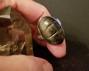 Vintage Sterling Silver Obsidian Scarab Ring, Size 6 - 6.5