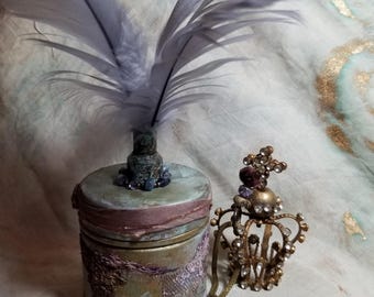 Hand Painted Feathered Wood Box, Embellished Artisan Jewelry Box