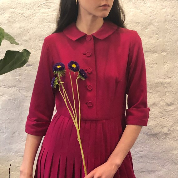 Late 1940s Vintage Raspberry Wool Dress - Pleated