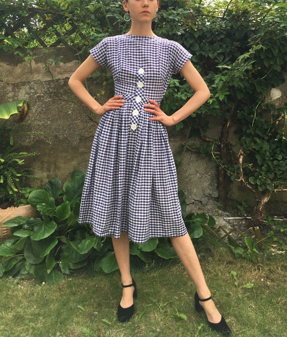 navy and white check dress