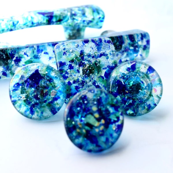GLASS CABINET HARDWARE knobs handles and drawer pulls are handmade with Love and Fire blue green dichroic unique durable
