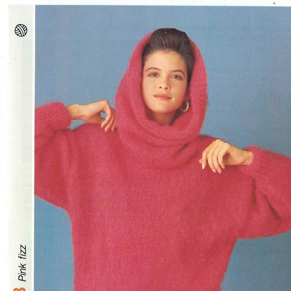 1980'S Vintage Knitting pattern Beautiful Sweater with large cowl hood PDF Download pattern only