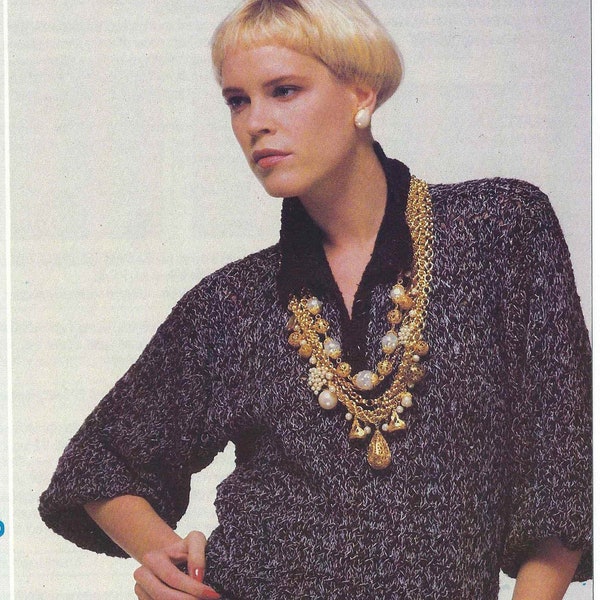 1980'S Vintage Knitting pattern evening sweater jumper with contrasting trim PDF Download pattern only