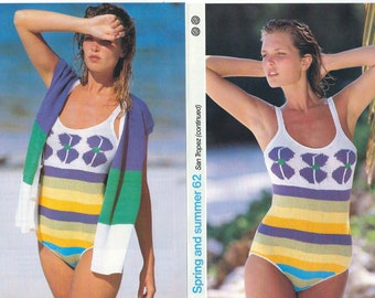 1980'S Vintage Knitting pattern Beach wrap and Swimsuit one piece swimwear PDF Download pattern only