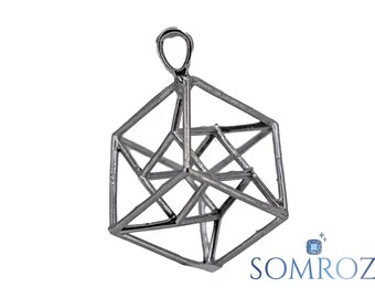 May include: A geometric pendant with a complex, openwork design. The pendant is made of a silver-colored metal and features a three-dimensional, angular structure. The design includes a loop at the top for a chain. The brand name "SOMROZ" is visible.
